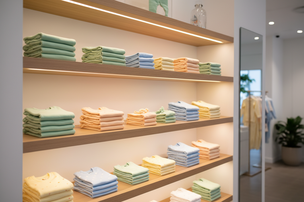 Cotton baby clothes stocked on a retail shop shelf