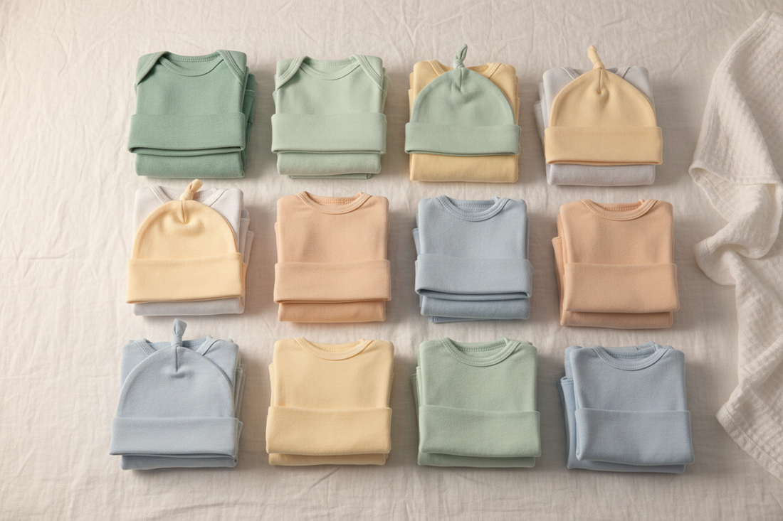 Cotton baby clothing for a baby's first year, newborn to 12 months