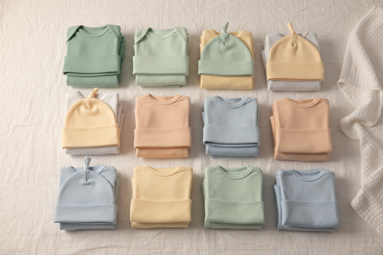 Cotton baby clothing for a baby's first year, newborn to 12 months