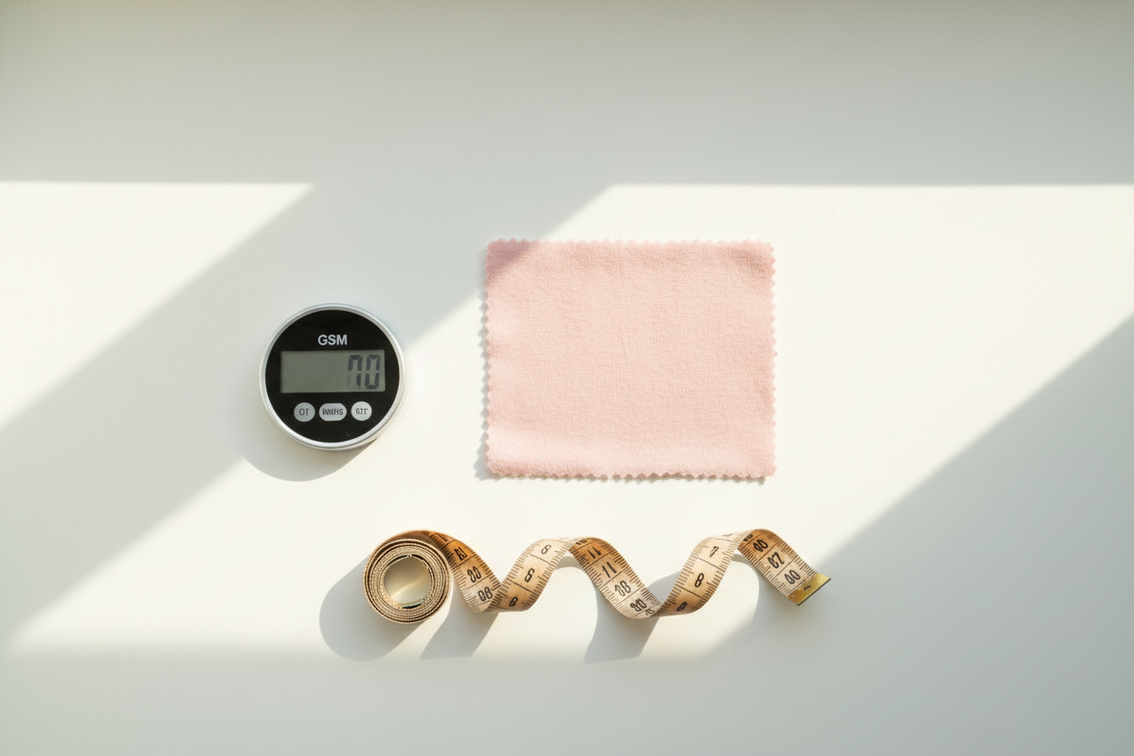 Flat lay comparing GSM fabric weights of cotton baby clothing