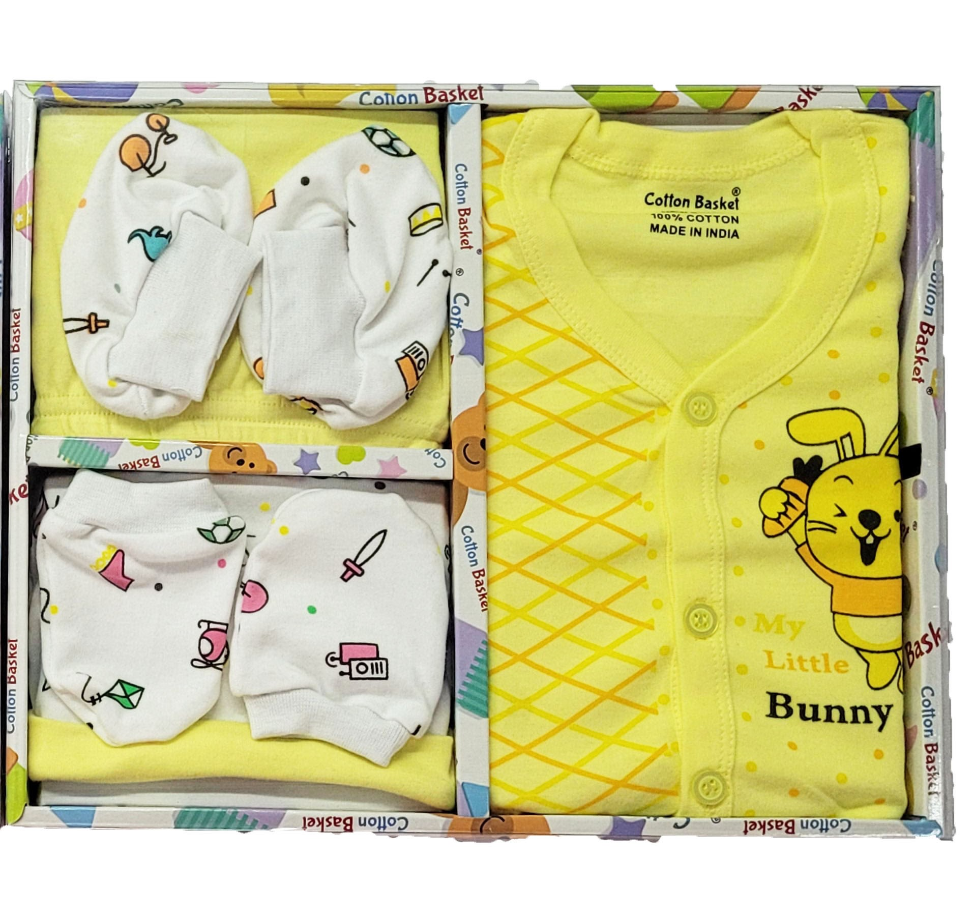 Yellow cotton babywear gift set with bunny print, mittens and booties in box packaging