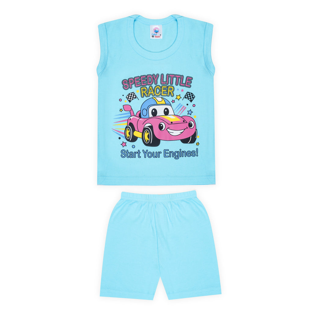 Children's sleeveless top and shorts set with a cartoon car design on a white background