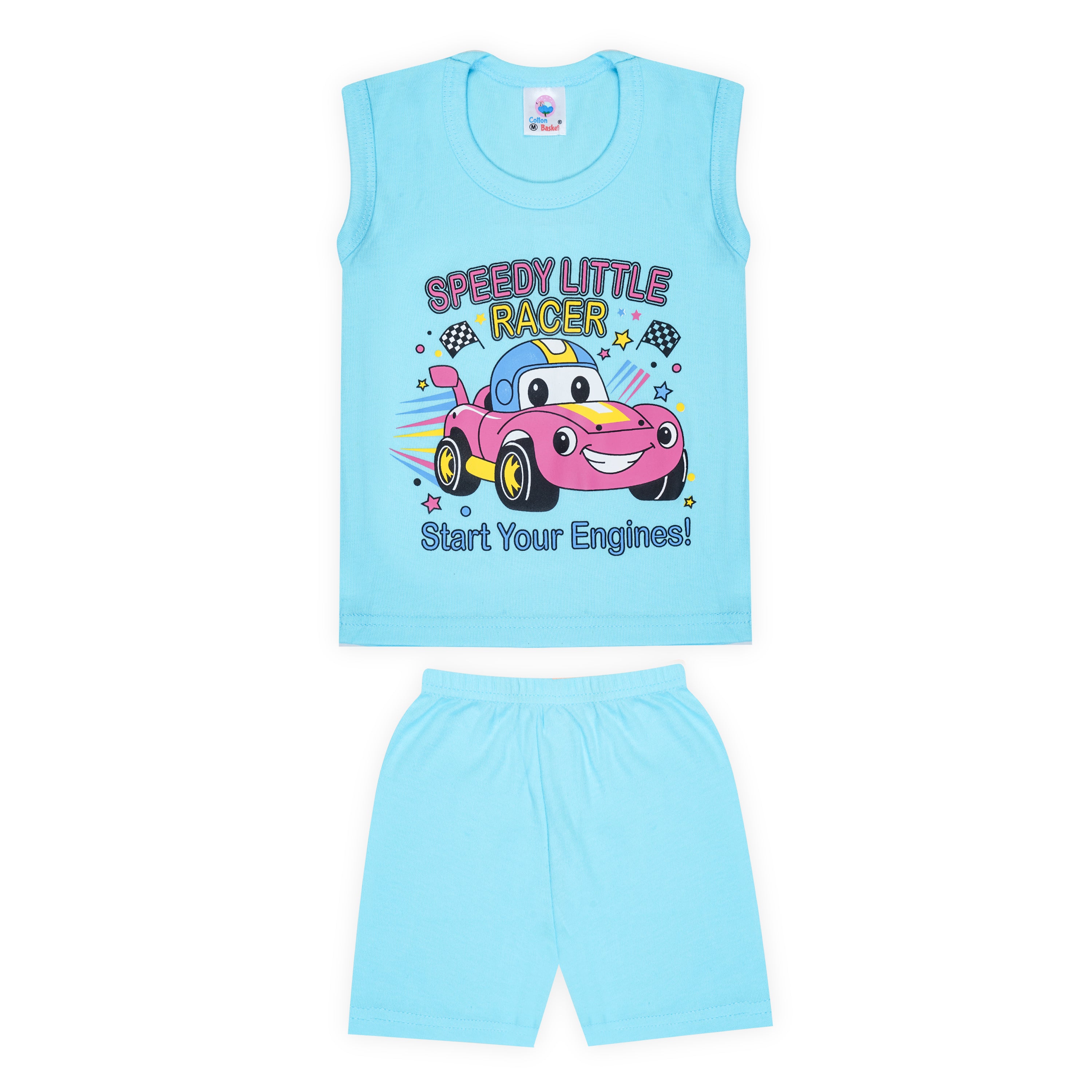 Children's sleeveless top and shorts set with a cartoon car design on a white background