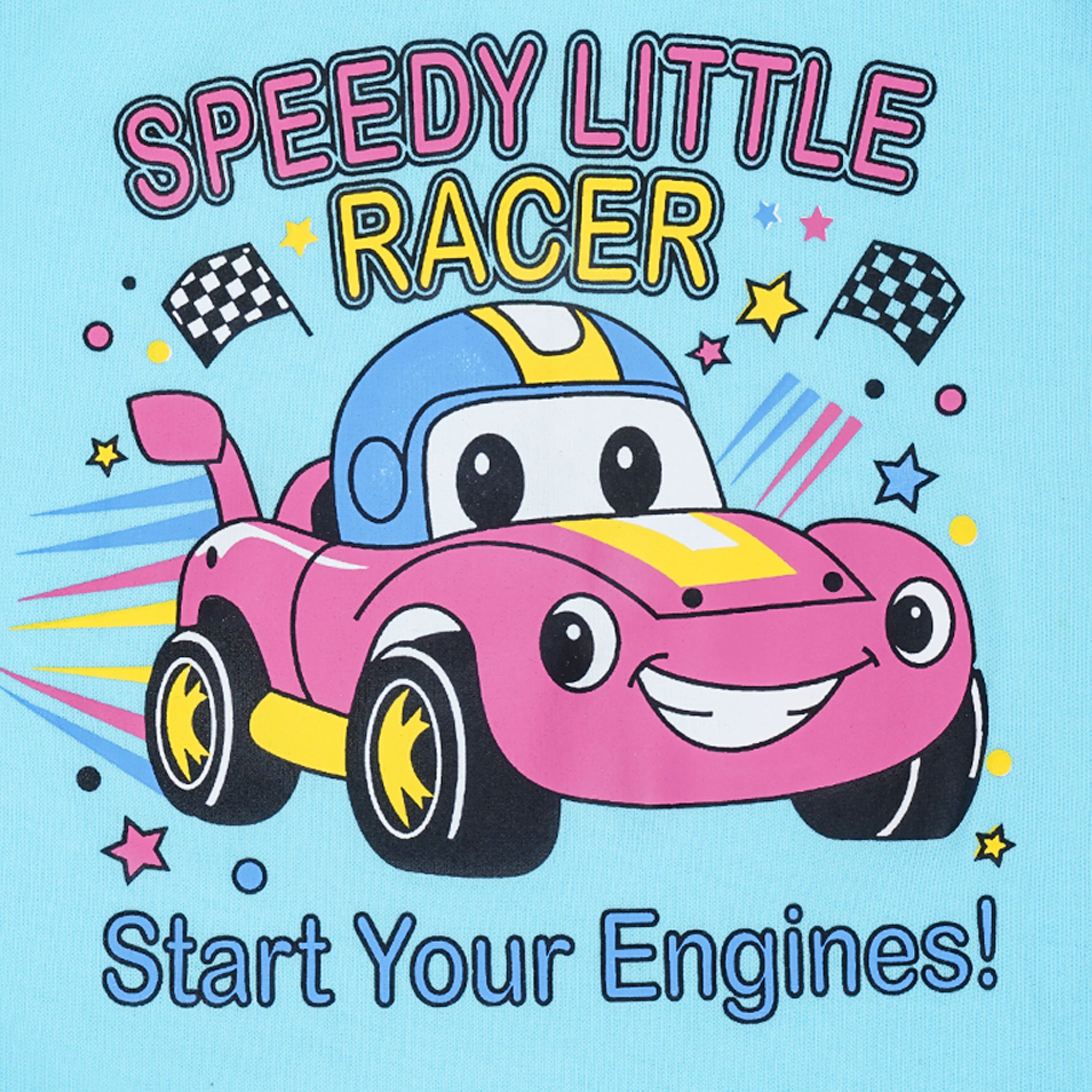Cartoon race car with a smiling face on a blue background, featuring text 'Speedy Little Racer Start Your Engines!'.
