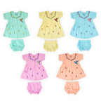 Set of colorful baby outfits with dresses and bloomers on a white background