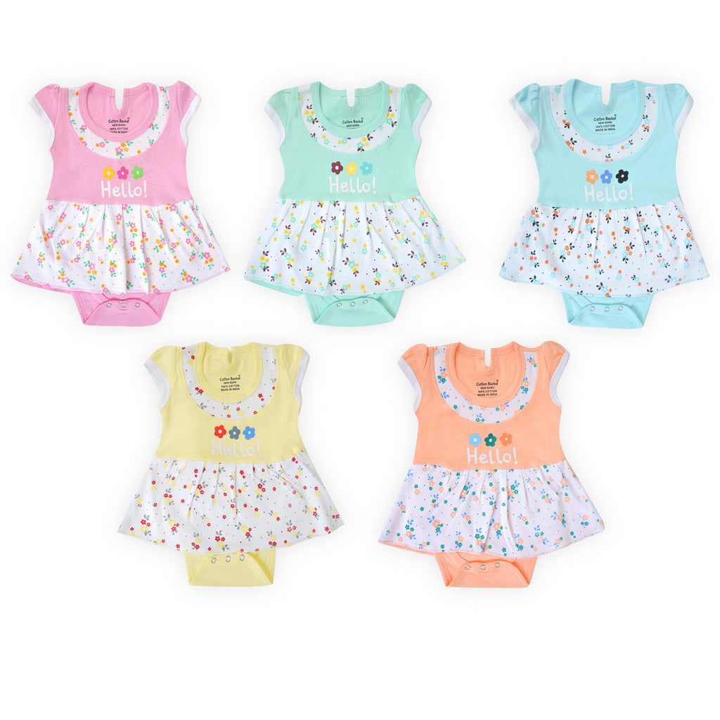 Set of five colorful baby rompers with floral patterns on a white background