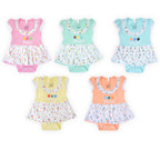 Set of five colorful baby rompers with floral patterns on a white background