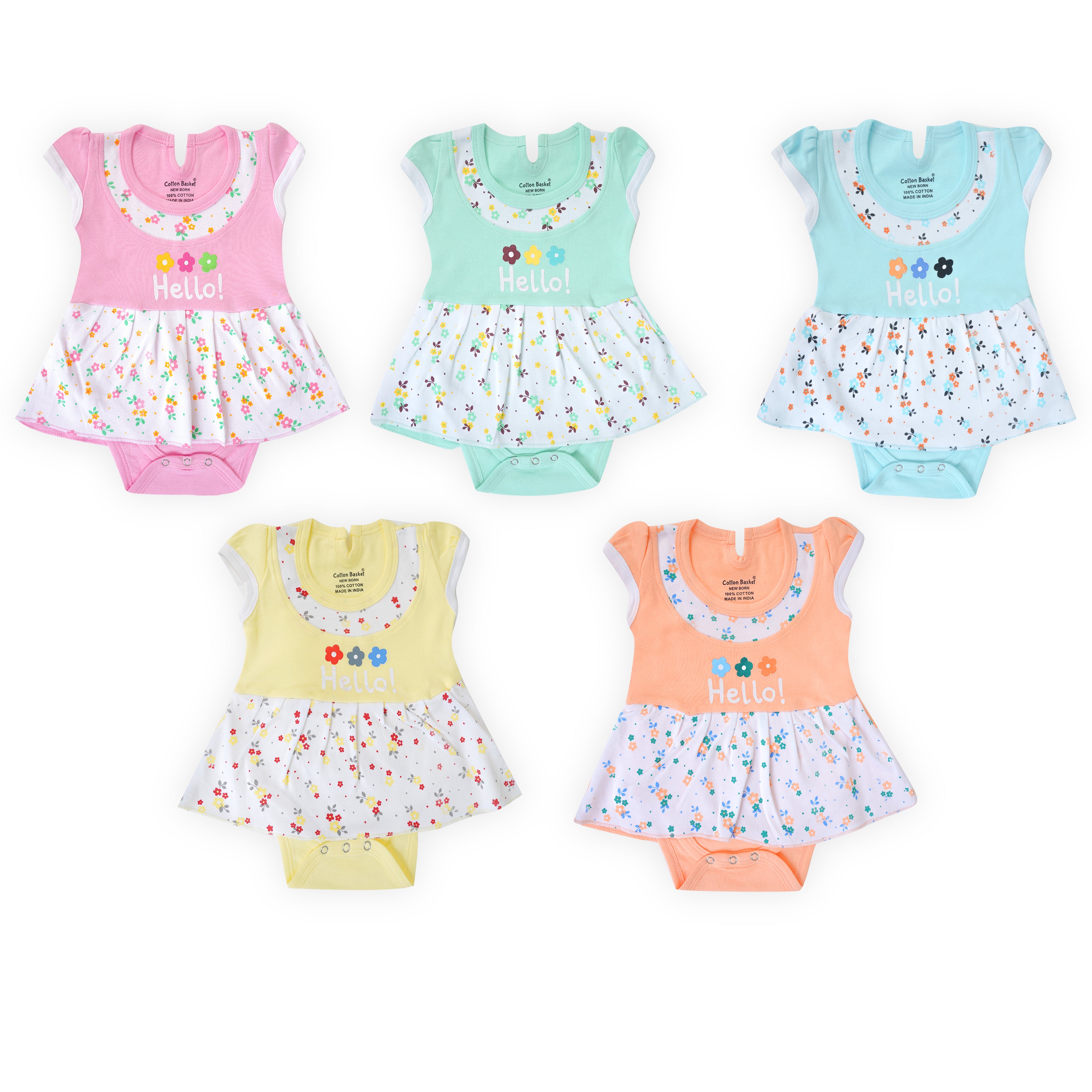 Set of five colorful baby rompers with floral patterns on a white background