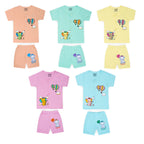 Set of colorful children's shirts and shorts with cartoon designs on a white background