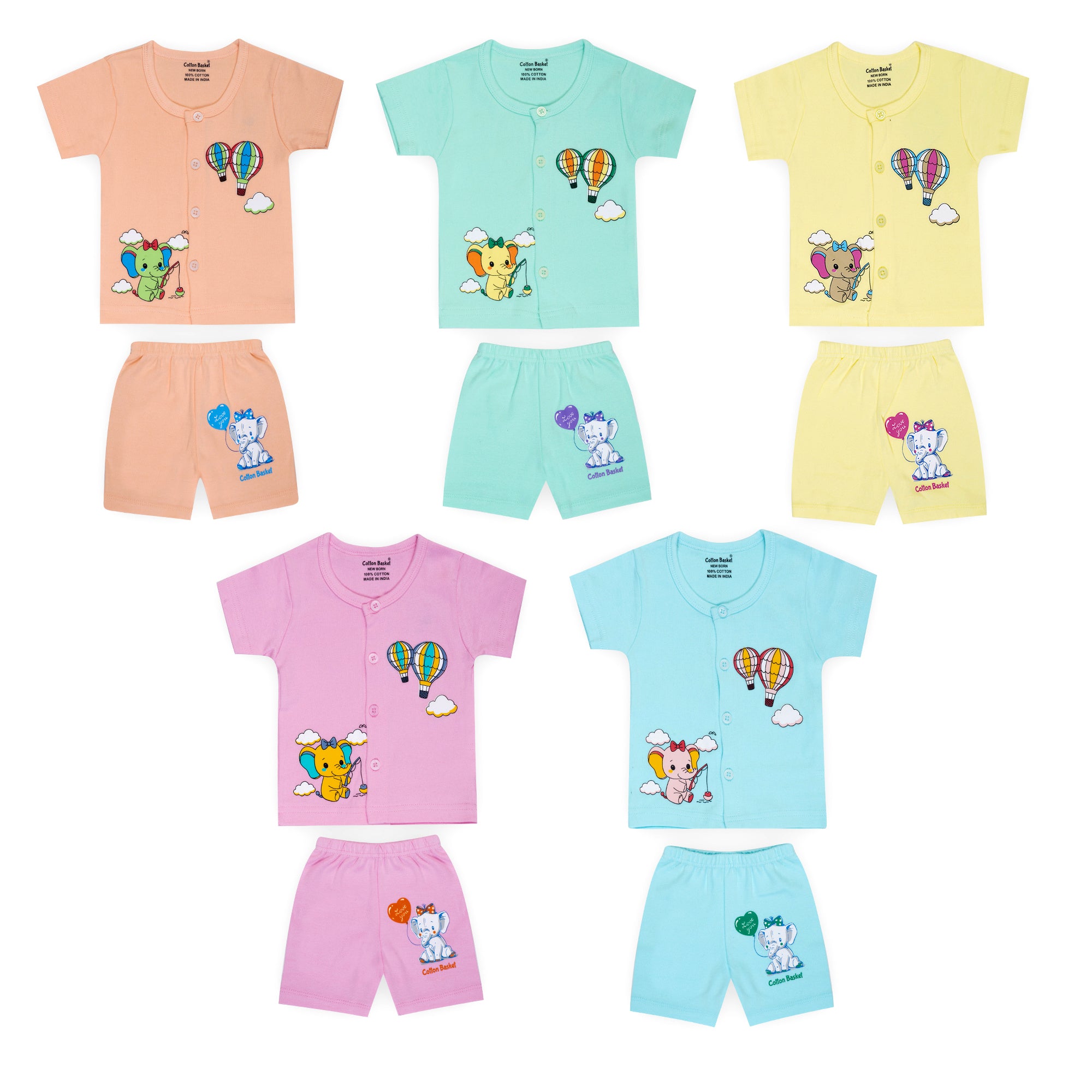 Set of colorful children's shirts and shorts with cartoon designs on a white background