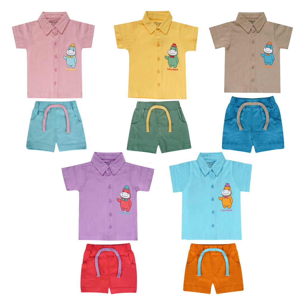 Hippo Print Collar Shirt and Shorts Set for Newborns | Pack of 10