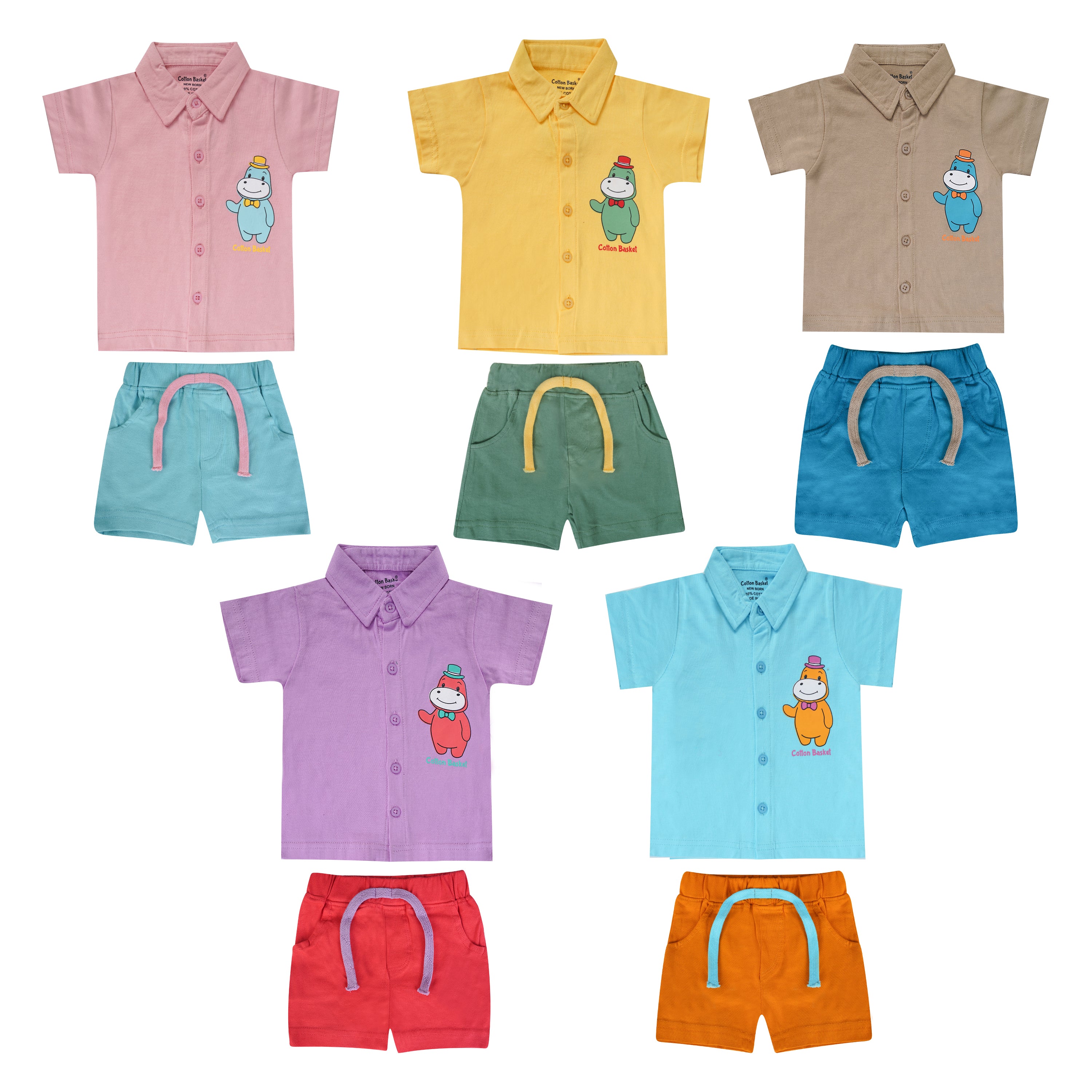 Hippo Print Collar Shirt and Shorts Set for Newborns | Pack of 10