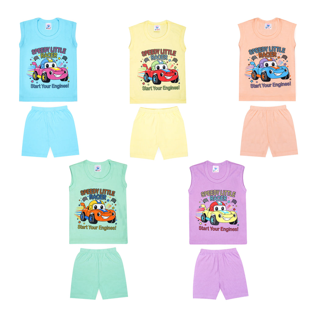 Set of children's sleeveless tops and shorts with cartoon car design on a white background