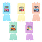 Set of children's sleeveless tops and shorts with cartoon car design on a white background