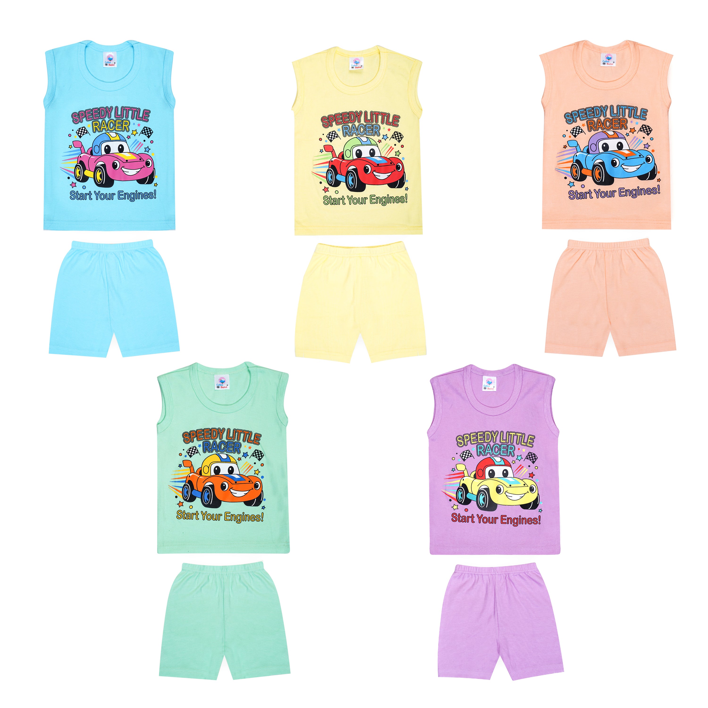 Set of children's sleeveless tops and shorts with cartoon car design on a white background