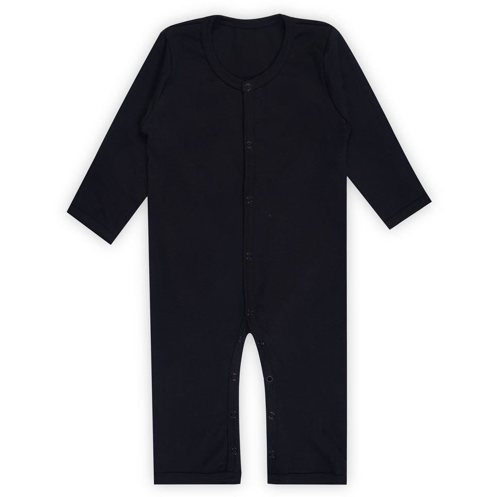 Full-sleeve snap button baby romper front view — 220 GSM super combed cotton, custom manufactured by Cotton Basket