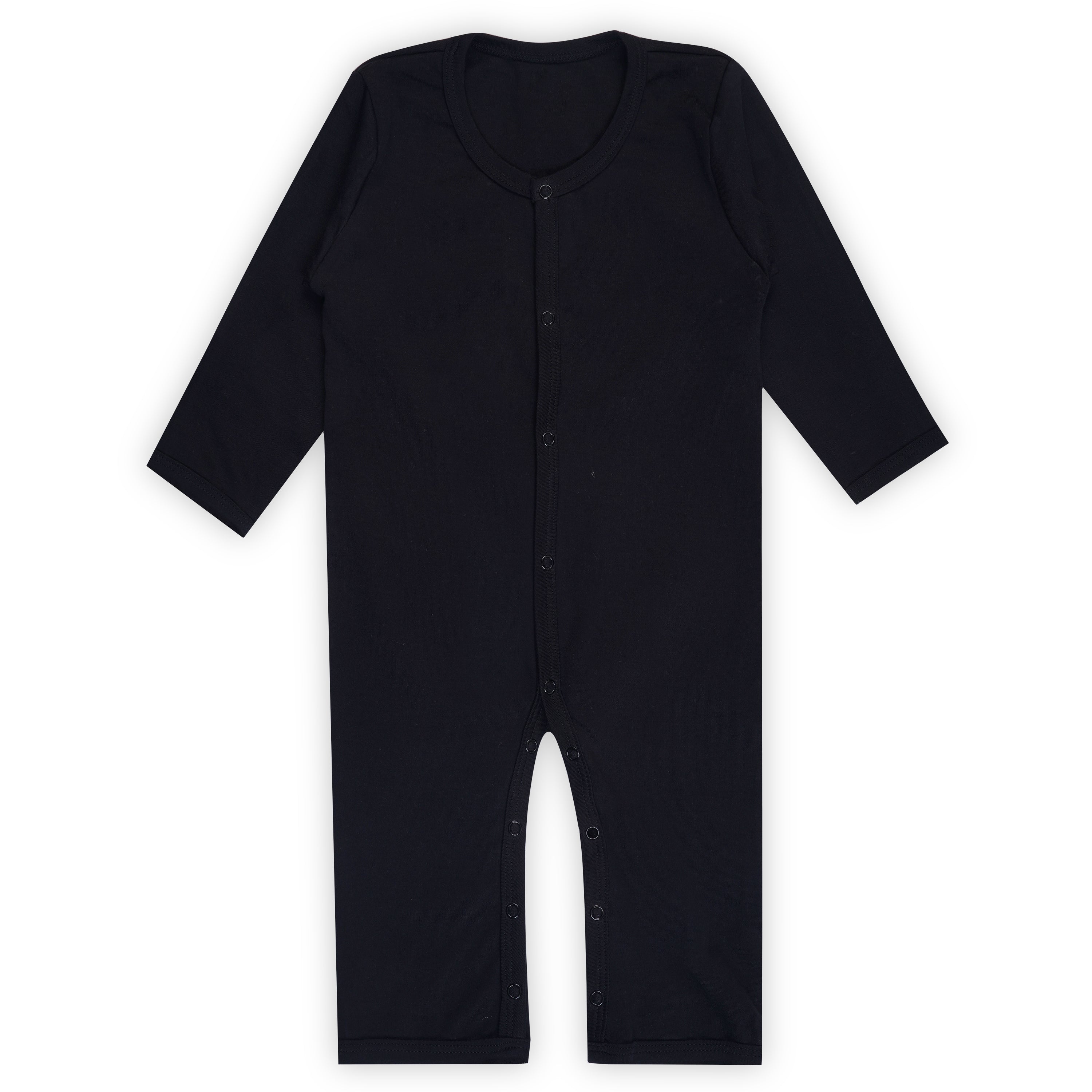Full-sleeve snap button baby romper front view — 220 GSM super combed cotton, custom manufactured by Cotton Basket