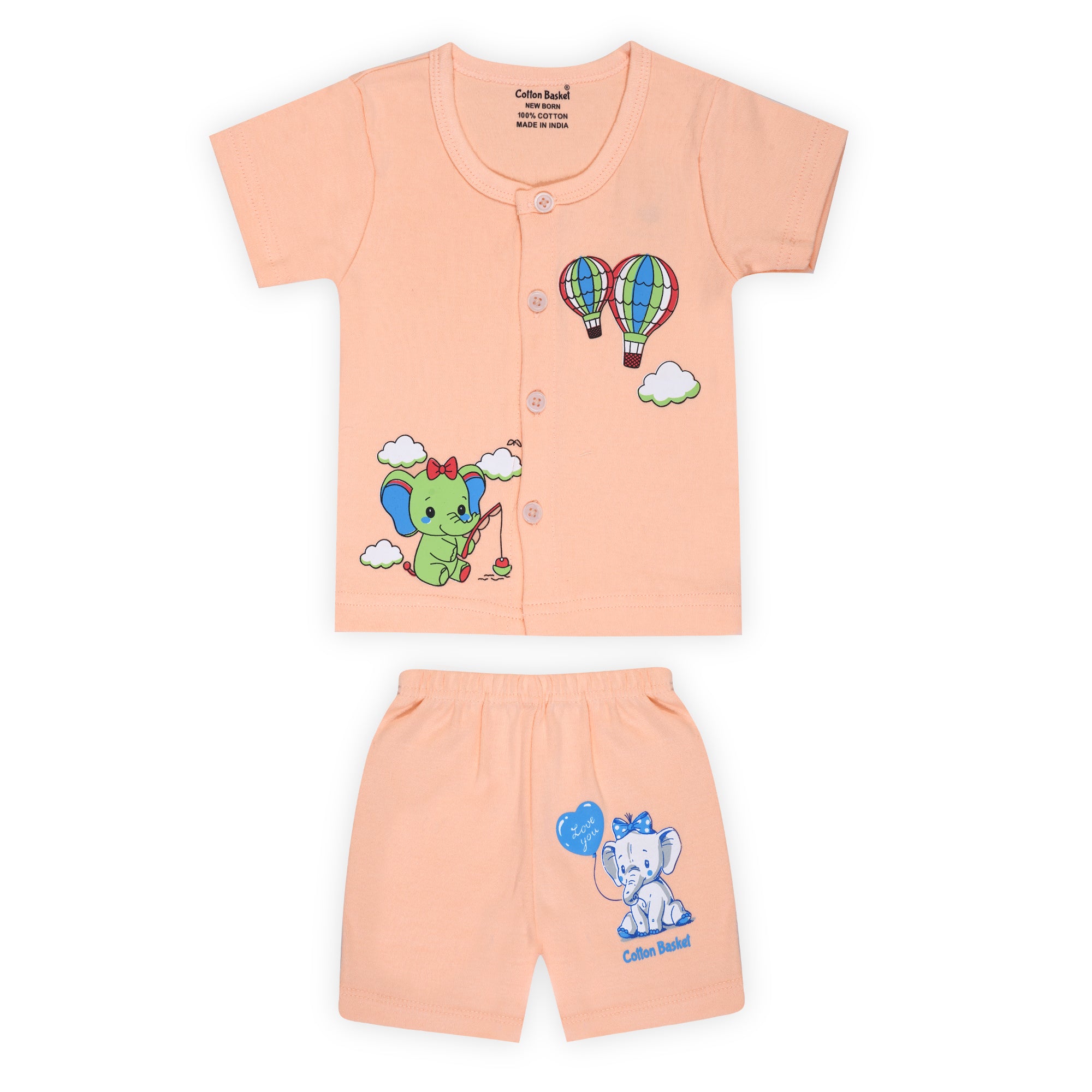 Children's peach-colored outfit with cartoon designs on a white background