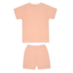 Peach-colored t-shirt and shorts set on a white background